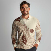 Bula Fiji Classic Masi Tapa Long Sleeve Polo Shirt Vintage Beige - Polynesian Pride
