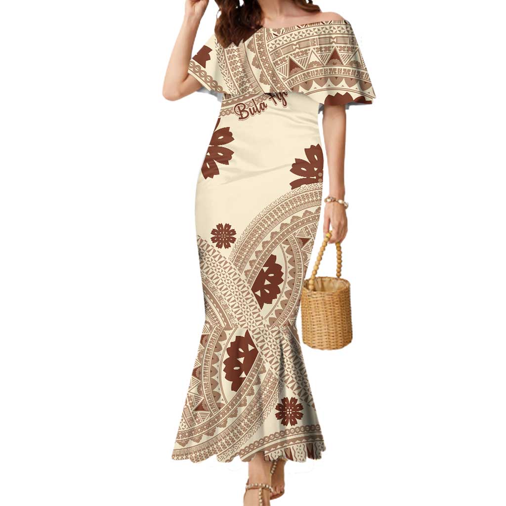 Bula Fiji Classic Masi Tapa Mermaid Dress Vintage Beige - Polynesian Pride