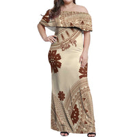 Bula Fiji Classic Masi Tapa Off Shoulder Maxi Dress Vintage Beige - Polynesian Pride
