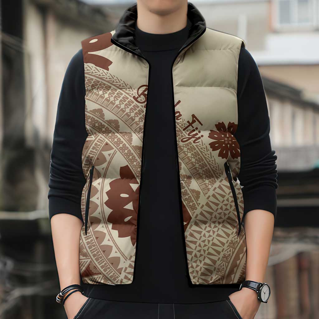 Bula Fiji Classic Masi Tapa Sleeveless Puffer Jacket Vintage Beige - Polynesian Pride