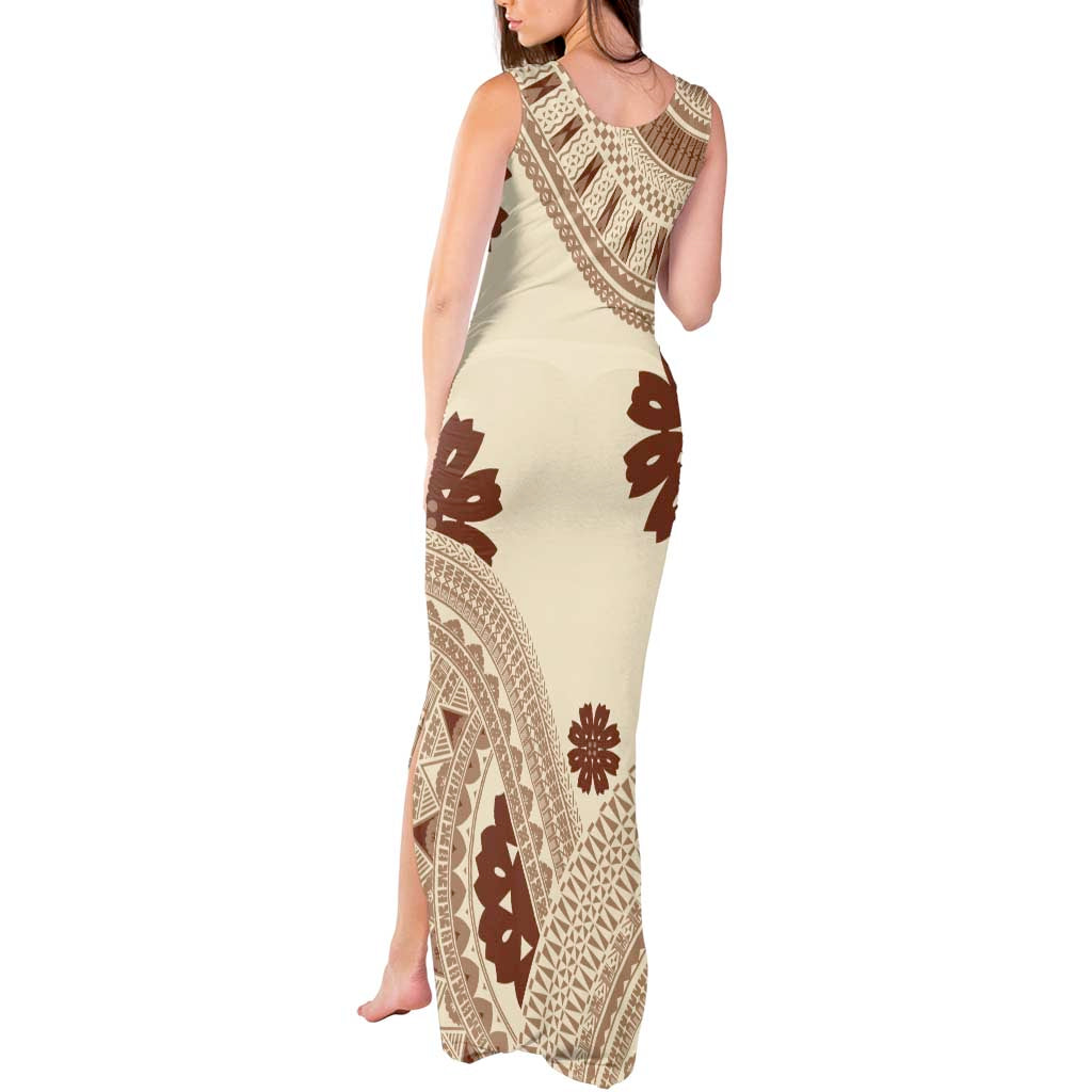 Bula Fiji Classic Masi Tapa Tank Maxi Dress Vintage Beige - Polynesian Pride