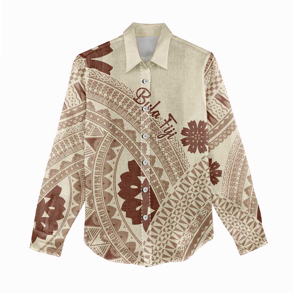 Bula Fiji Classic Masi Tapa Women Casual Shirt Vintage Beige - Polynesian Pride