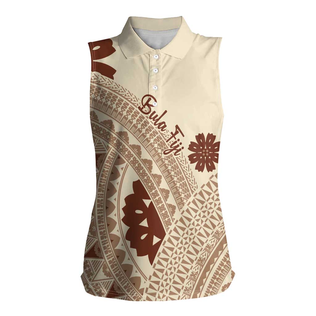 Bula Fiji Classic Masi Tapa Women Sleeveless Polo Shirt Vintage Beige - Polynesian Pride