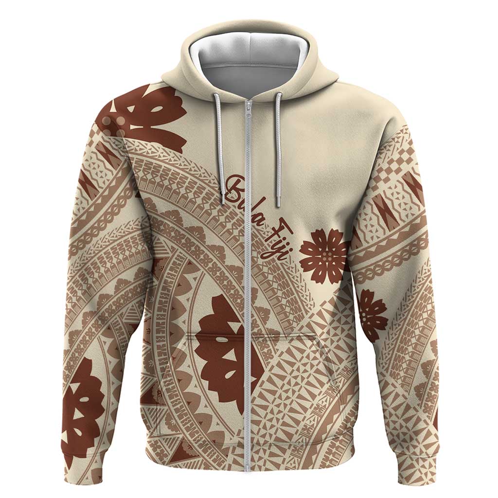 Bula Fiji Classic Masi Tapa Zip Hoodie Vintage Beige - Polynesian Pride