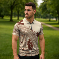 Bula Fiji Classic Masi Tapa Zipper Polo Shirt Vintage Beige - Polynesian Pride