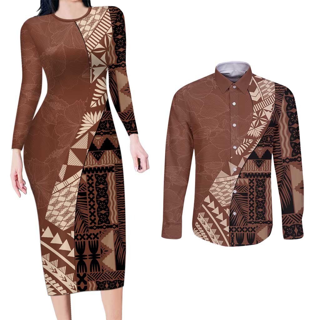 Bula Fiji Couples Matching Long Sleeve Bodycon Dress and Long Sleeve Button Shirt Tribal Masi Tapa - Brown LT7