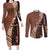 Bula Fiji Couples Matching Long Sleeve Bodycon Dress and Long Sleeve Button Shirt Tribal Masi Tapa - Brown LT7