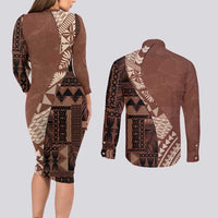 Bula Fiji Couples Matching Long Sleeve Bodycon Dress and Long Sleeve Button Shirt Tribal Masi Tapa - Brown LT7