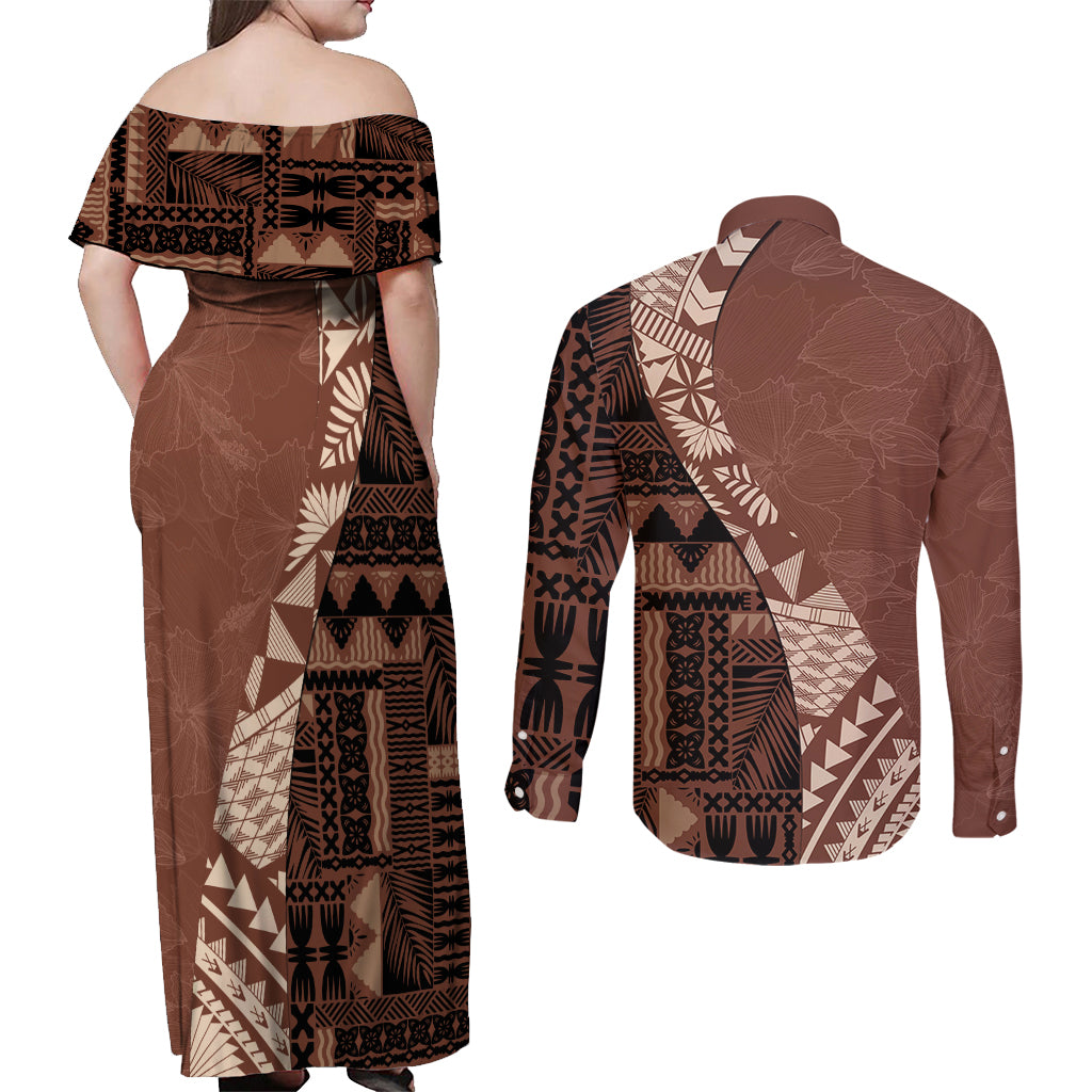 Bula Fiji Couples Matching Off Shoulder Maxi Dress and Long Sleeve Button Shirt Tribal Masi Tapa - Brown LT7 - Polynesian Pride