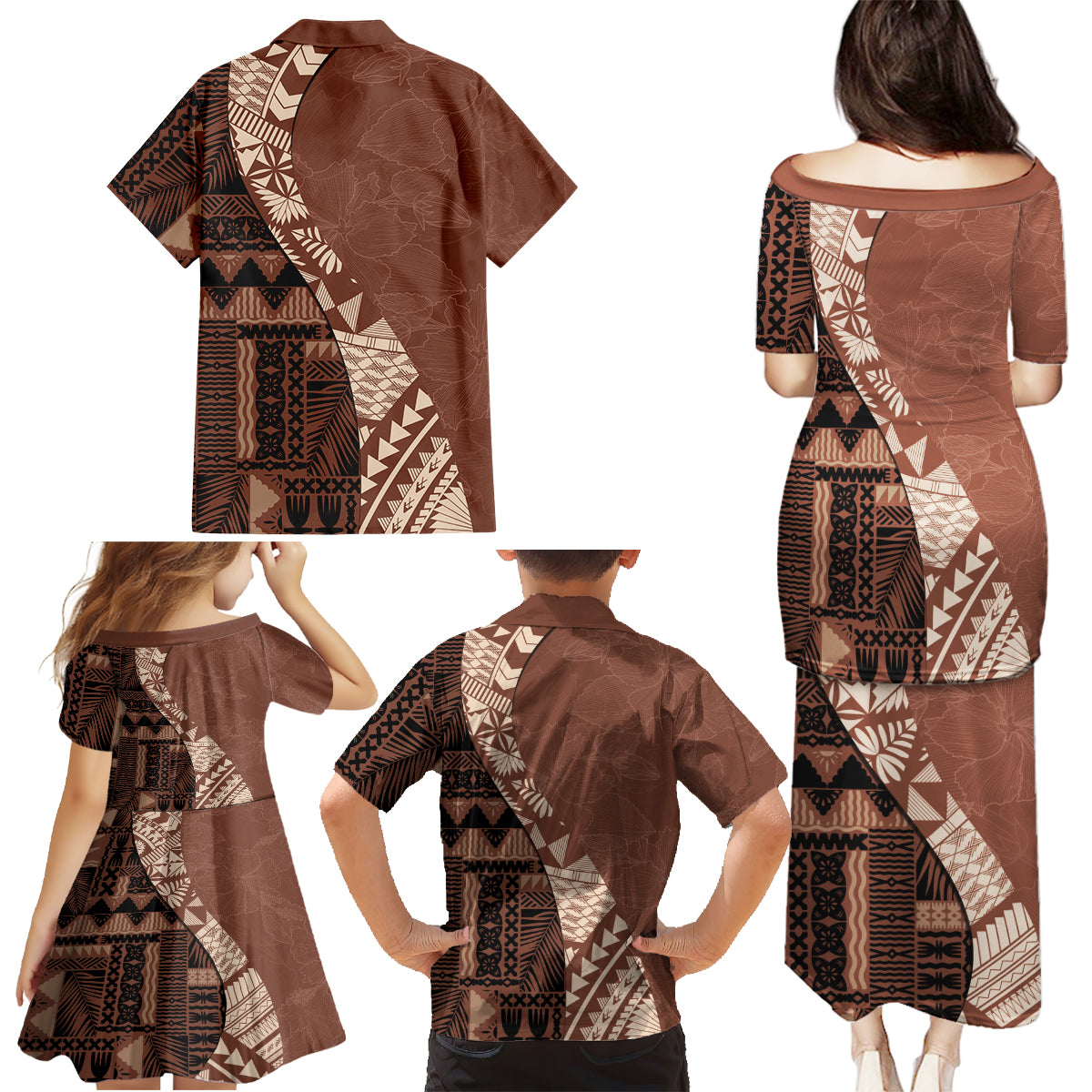 Bula Fiji Family Matching Puletasi Dress and Hawaiian Shirt Tribal Masi Tapa - Brown LT7 - Polynesian Pride