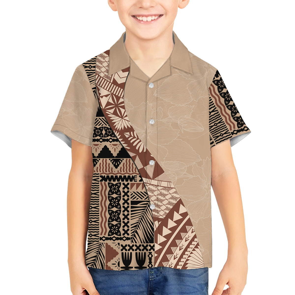 Bula Fiji Family Matching Off Shoulder Long Sleeve Dress and Hawaiian Shirt Tribal Masi Tapa - Beige LT7 Son's Shirt Beige - Polynesian Pride