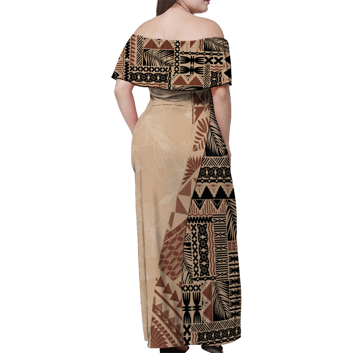 Bula Fiji Off Shoulder Maxi Dress Tribal Masi Tapa - Beige LT7 - Polynesian Pride