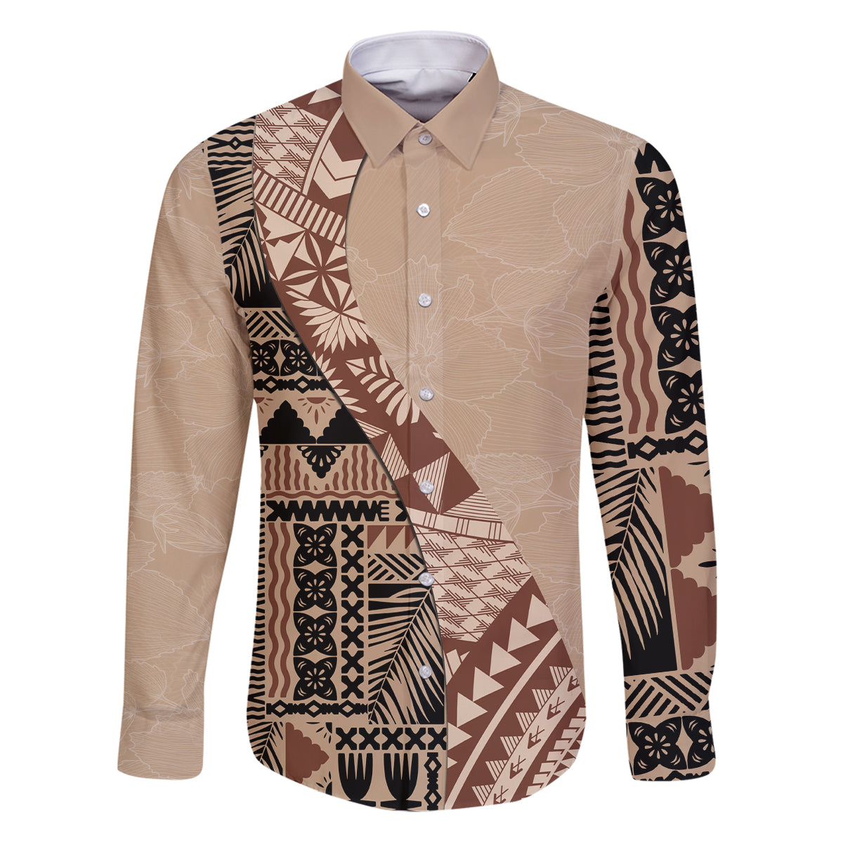 Bula Fiji Family Matching Puletasi Dress and Hawaiian Shirt Tribal Masi Tapa - Beige LT7 Dad's Shirt - Long Sleeve Beige - Polynesian Pride