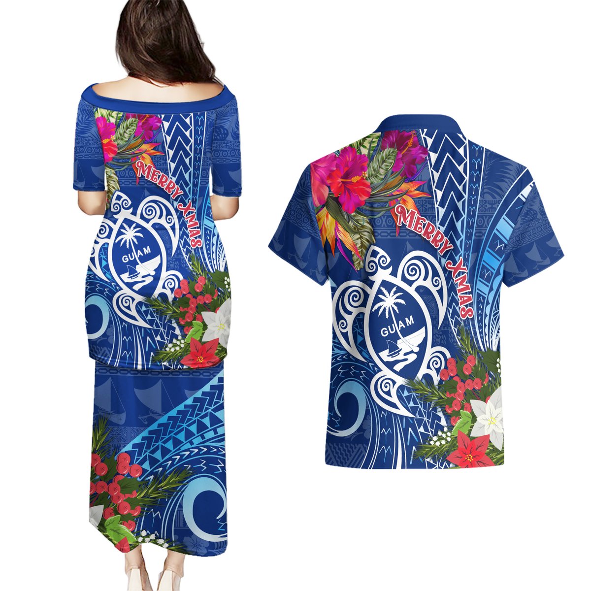 Guam Christmas Couples Matching Puletasi Dress and Hawaiian Shirt Turtle Mix Tapa Felis Pasgua LT7 - Polynesian Pride