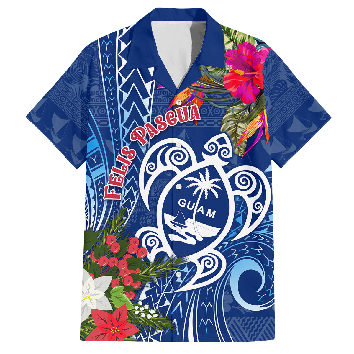 Guam Christmas Family Matching Long Sleeve Bodycon Dress and Hawaiian Shirt Turtle Mix Tapa Felis Pasgua LT7 Dad's Shirt - Short Sleeve Blue - Polynesian Pride