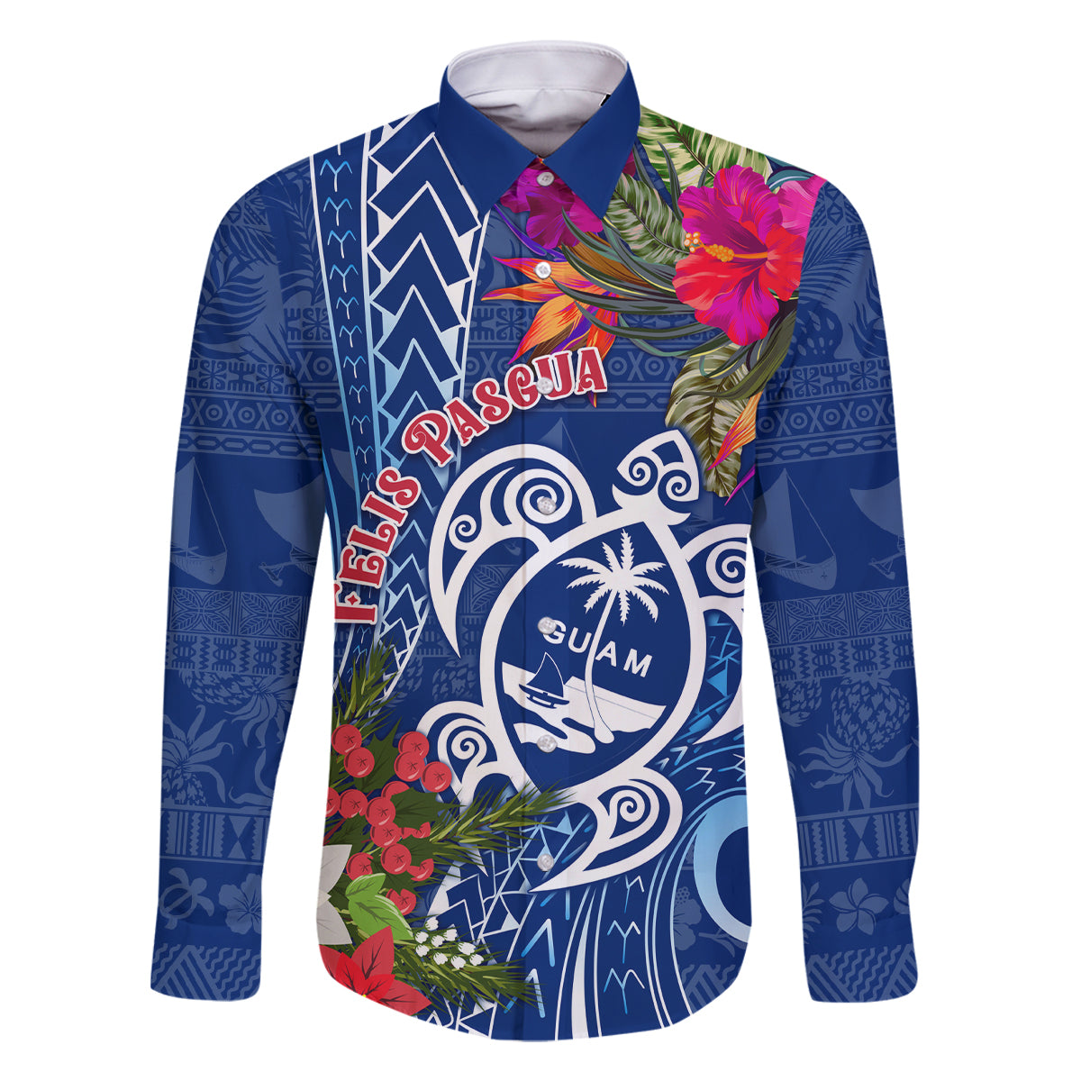 Guam Christmas Family Matching Long Sleeve Bodycon Dress and Hawaiian Shirt Turtle Mix Tapa Felis Pasgua LT7 Dad's Shirt - Long Sleeve Blue - Polynesian Pride