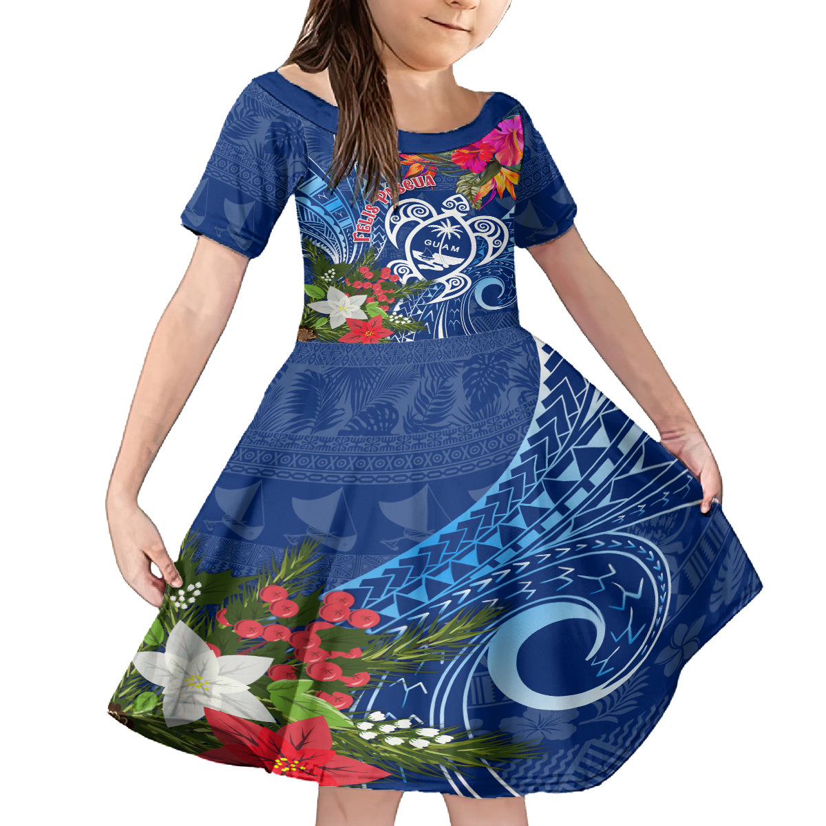 Guam Christmas Family Matching Off Shoulder Short Dress and Hawaiian Shirt Turtle Mix Tapa Felis Pasgua LT7 Daughter's Dress Blue - Polynesian Pride