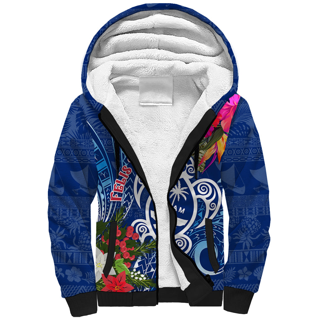 Guam Christmas Sherpa Hoodie Turtle Mix Tapa Felis Pasgua LT7 Unisex Blue - Polynesian Pride