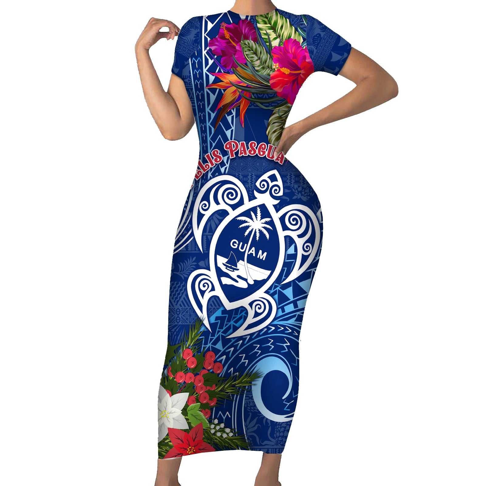 Guam Christmas Short Sleeve Bodycon Dress Turtle Mix Tapa Felis Pasgua LT7 Long Dress Blue - Polynesian Pride