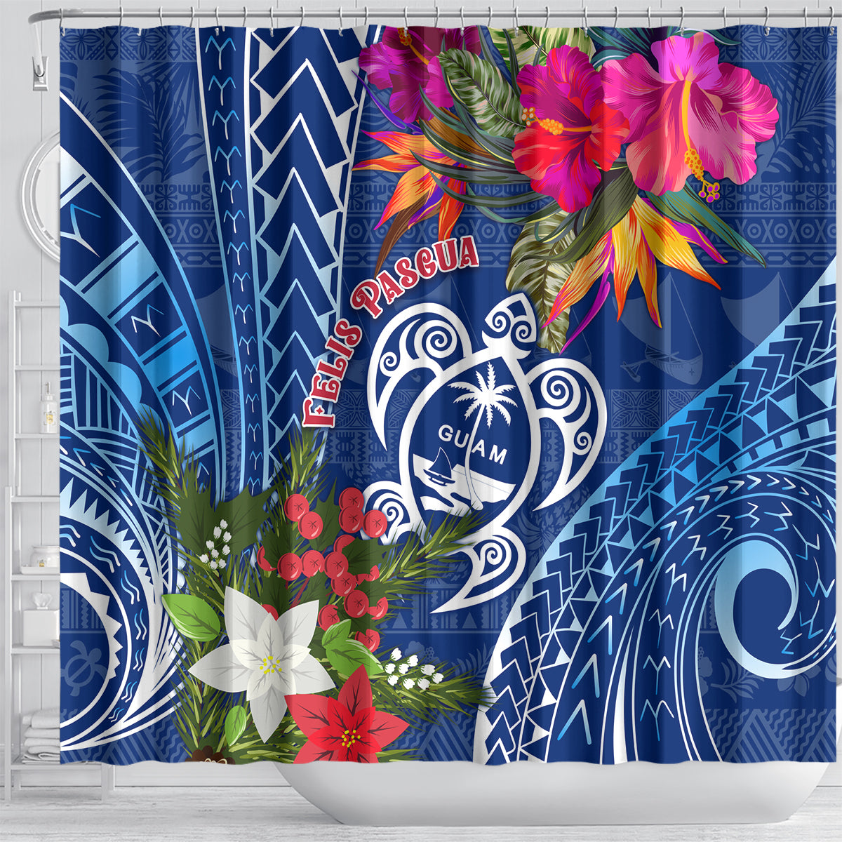 Guam Christmas Shower Curtain Turtle Mix Tapa Felis Pasgua LT7 - Polynesian Pride
