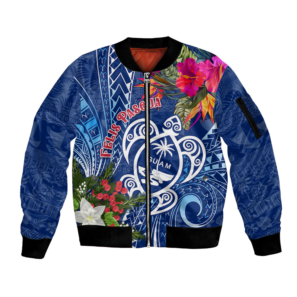 Guam Christmas Sleeve Zip Bomber Jacket Turtle Mix Tapa Felis Pasgua LT7 Unisex Blue - Polynesian Pride