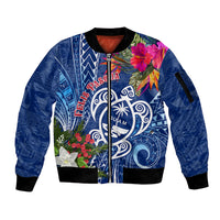 Guam Christmas Sleeve Zip Bomber Jacket Turtle Mix Tapa Felis Pasgua LT7 Unisex Blue - Polynesian Pride