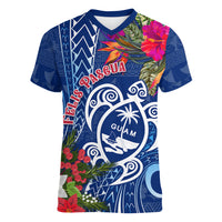 Guam Christmas Women V Neck T Shirt Turtle Mix Tapa Felis Pasgua LT7 Female Blue - Polynesian Pride