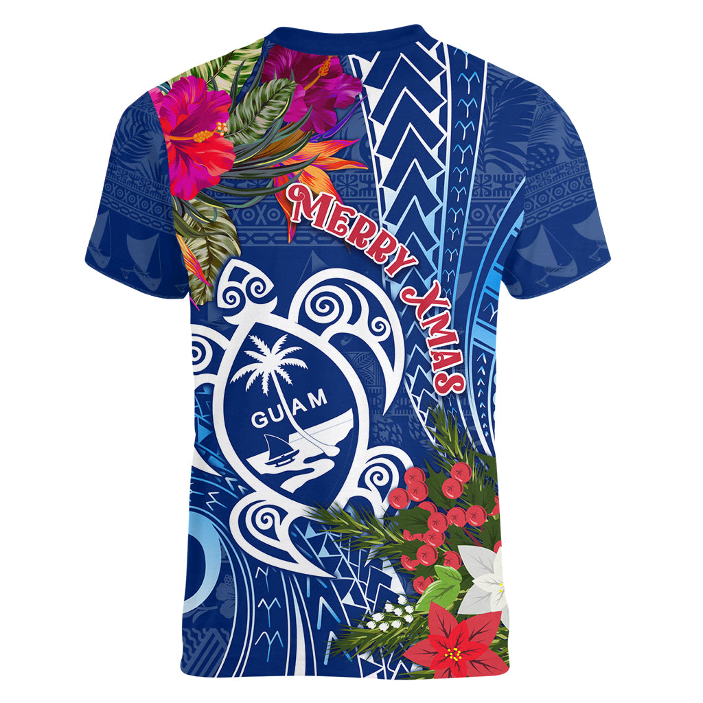 Guam Christmas Women V Neck T Shirt Turtle Mix Tapa Felis Pasgua LT7 - Polynesian Pride