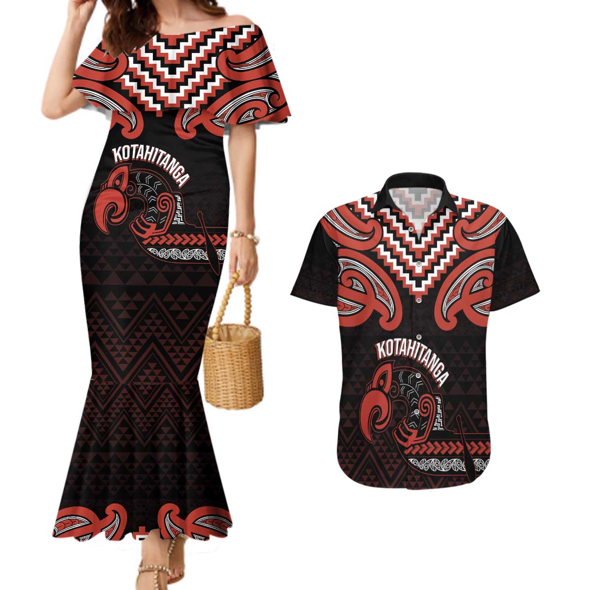 Maori Waitangi Couples Matching Mermaid Dress and Hawaiian Shirt Kotahitanga Poutama Mix Whakairo - Polynesian Pride