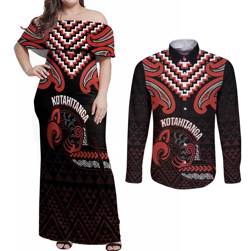 Maori Waitangi Couples Matching Off Shoulder Maxi Dress and Long Sleeve Button Shirt Kotahitanga Poutama Mix Whakairo LT7 Black - Polynesian Pride