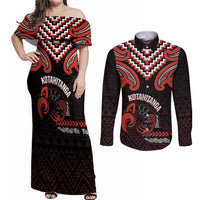 Maori Waitangi Couples Matching Off Shoulder Maxi Dress and Long Sleeve Button Shirt Kotahitanga Poutama Mix Whakairo LT7 Black - Polynesian Pride