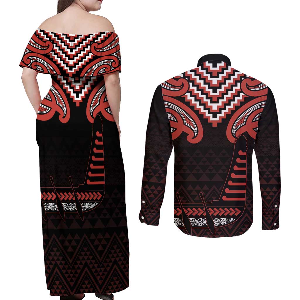 Maori Waitangi Couples Matching Off Shoulder Maxi Dress and Long Sleeve Button Shirt Kotahitanga Poutama Mix Whakairo LT7 - Polynesian Pride