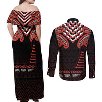 Maori Waitangi Couples Matching Off Shoulder Maxi Dress and Long Sleeve Button Shirt Kotahitanga Poutama Mix Whakairo LT7 - Polynesian Pride