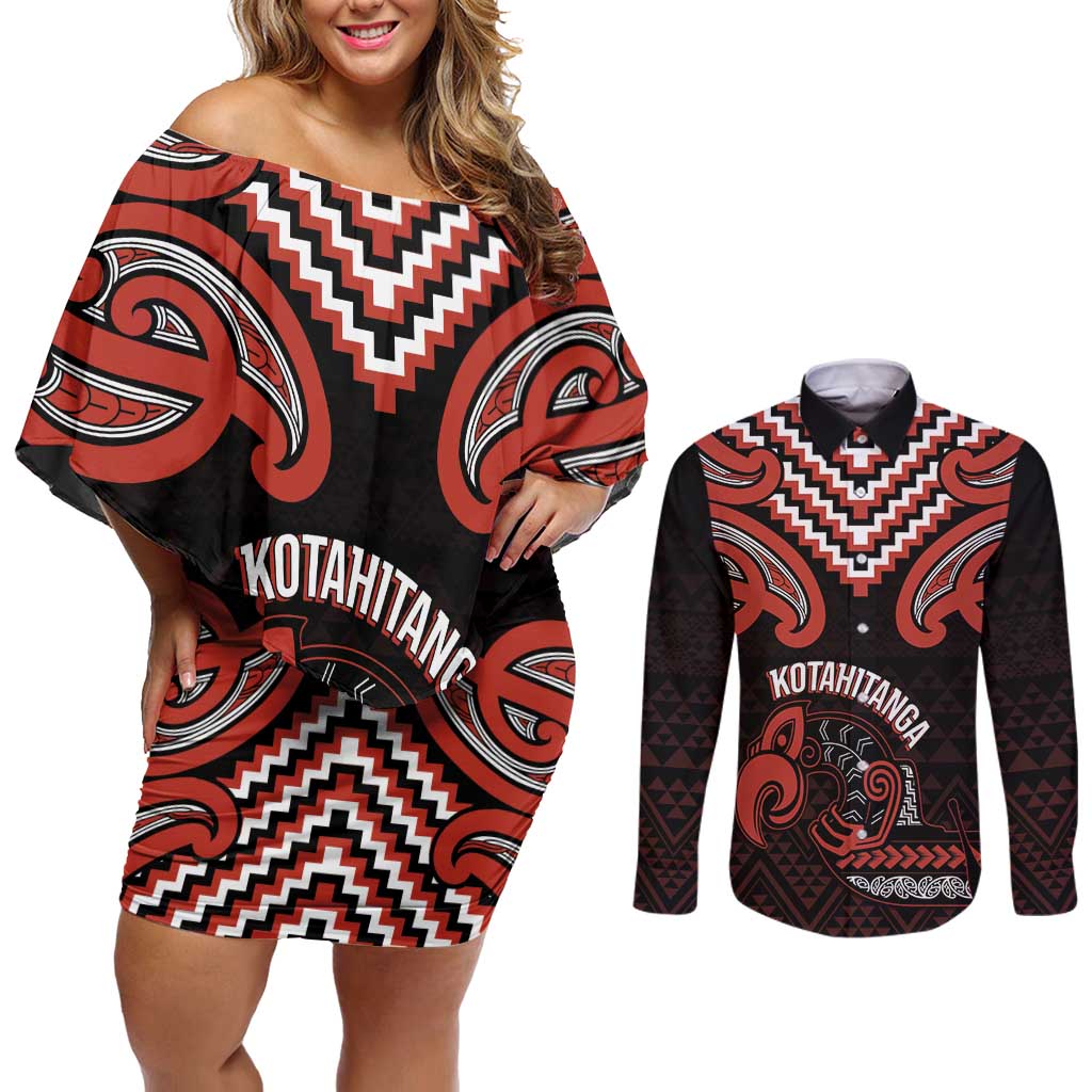 Maori Waitangi Couples Matching Off Shoulder Short Dress and Long Sleeve Button Shirt Kotahitanga Poutama Mix Whakairo LT7 Black - Polynesian Pride