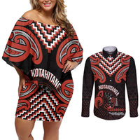 Maori Waitangi Couples Matching Off Shoulder Short Dress and Long Sleeve Button Shirt Kotahitanga Poutama Mix Whakairo LT7 Black - Polynesian Pride