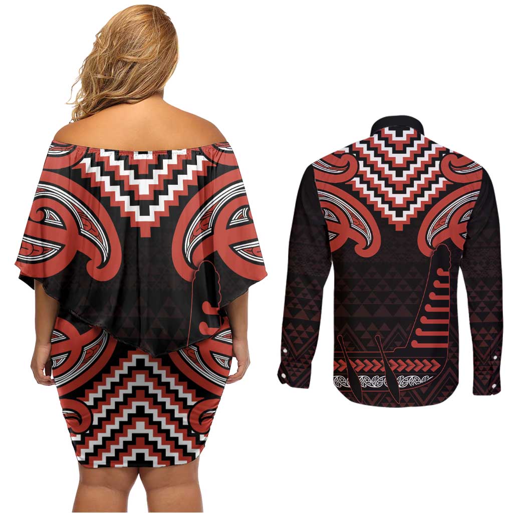 Maori Waitangi Couples Matching Off Shoulder Short Dress and Long Sleeve Button Shirt Kotahitanga Poutama Mix Whakairo LT7 - Polynesian Pride