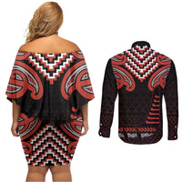 Maori Waitangi Couples Matching Off Shoulder Short Dress and Long Sleeve Button Shirt Kotahitanga Poutama Mix Whakairo LT7 - Polynesian Pride