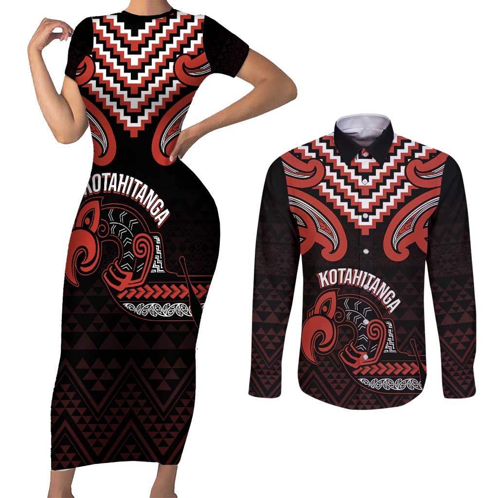 Maori Waitangi Couples Matching Short Sleeve Bodycon Dress and Long Sleeve Button Shirt Kotahitanga Poutama Mix Whakairo LT7 Black - Polynesian Pride
