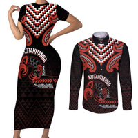 Maori Waitangi Couples Matching Short Sleeve Bodycon Dress and Long Sleeve Button Shirt Kotahitanga Poutama Mix Whakairo LT7 Black - Polynesian Pride