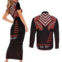 Maori Waitangi Couples Matching Short Sleeve Bodycon Dress and Long Sleeve Button Shirt Kotahitanga Poutama Mix Whakairo LT7 - Polynesian Pride