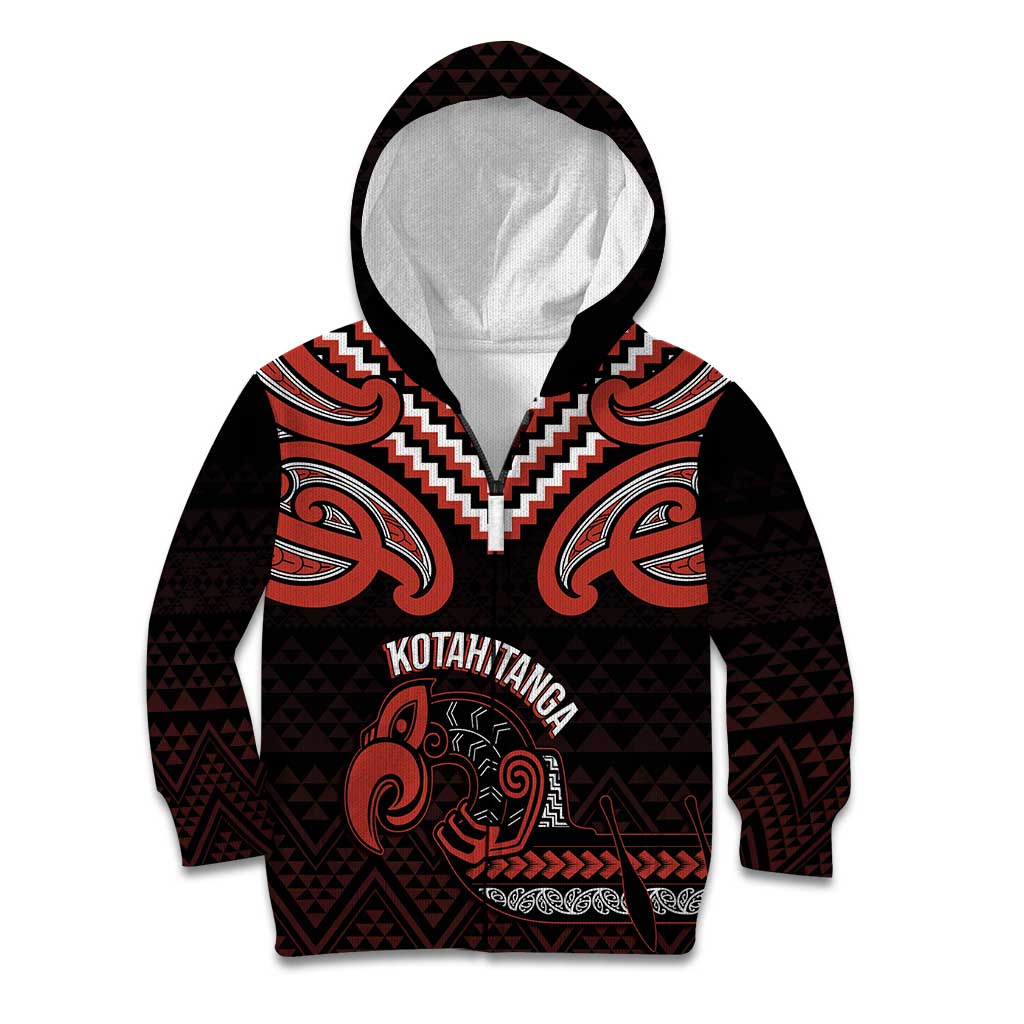 Maori Waitangi Kid Hoodie Kotahitanga Poutama Mix Whakairo LT7 Zip Hoodie Black - Polynesian Pride