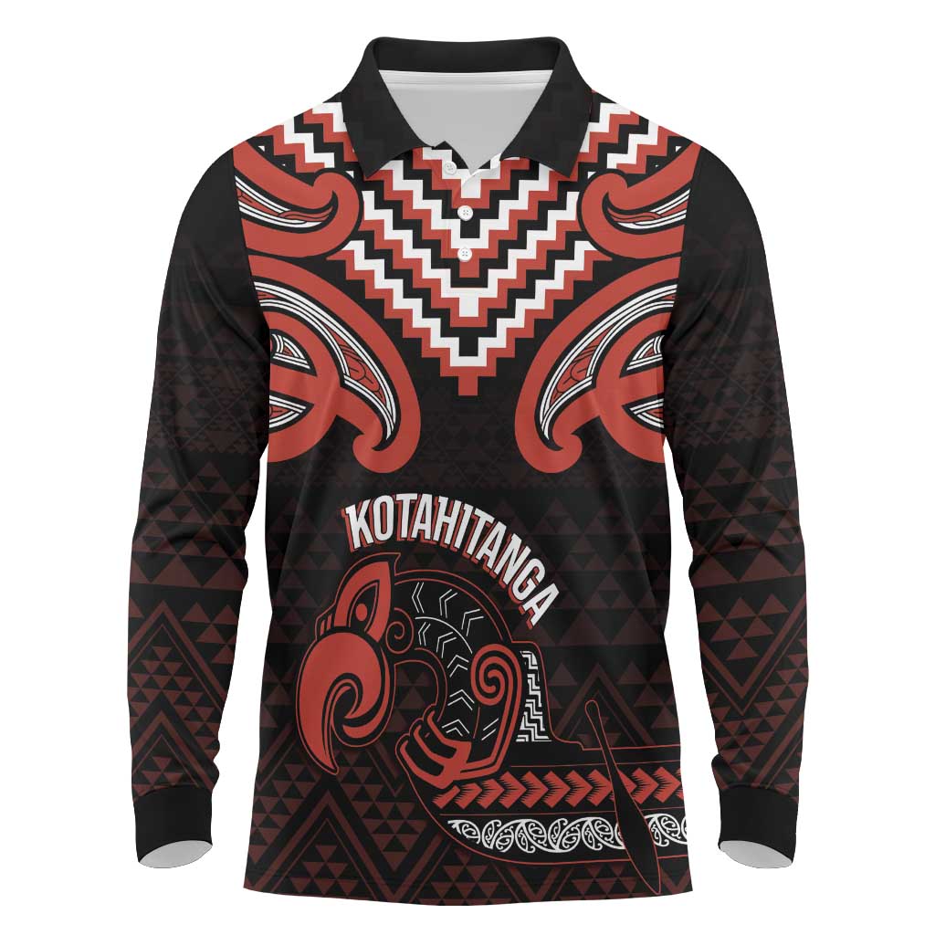 Maori Waitangi Long Sleeve Polo Shirt Kotahitanga Poutama Mix Whakairo LT7 Black - Polynesian Pride