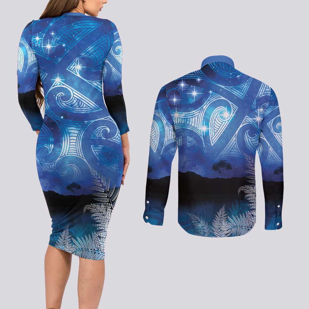 NZ Maori Matariki Scenery Couples Matching Long Sleeve Bodycon Dress and Long Sleeve Button Shirt Galaxy Sky