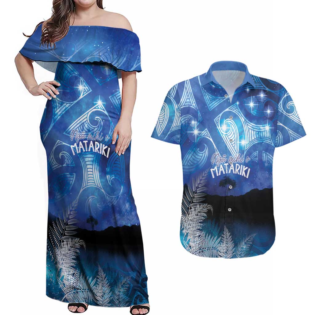NZ Maori Matariki Scenery Couples Matching Off Shoulder Maxi Dress and Hawaiian Shirt Galaxy Sky LT7 Galaxy - Polynesian Pride