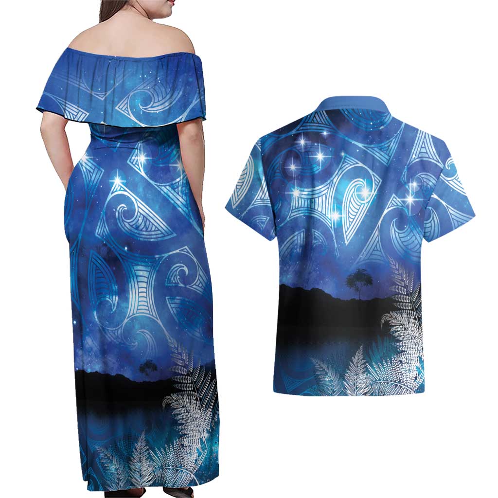 NZ Maori Matariki Scenery Couples Matching Off Shoulder Maxi Dress and Hawaiian Shirt Galaxy Sky LT7 - Polynesian Pride