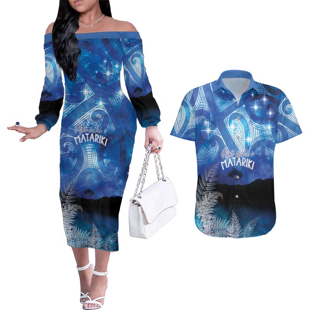 NZ Maori Matariki Scenery Couples Matching Off The Shoulder Long Sleeve Dress and Hawaiian Shirt Galaxy Sky