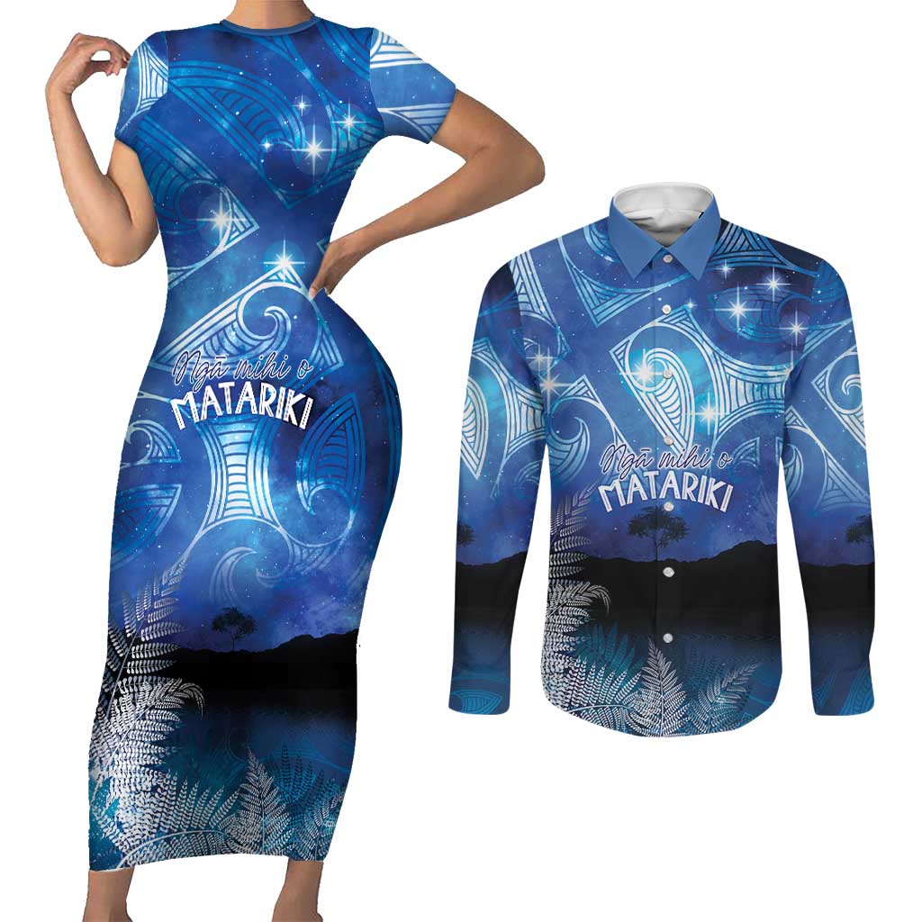NZ Maori Matariki Scenery Couples Matching Short Sleeve Bodycon Dress and Long Sleeve Button Shirt Galaxy Sky LT7 Galaxy - Polynesian Pride