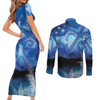NZ Maori Matariki Scenery Couples Matching Short Sleeve Bodycon Dress and Long Sleeve Button Shirt Galaxy Sky LT7 - Polynesian Pride