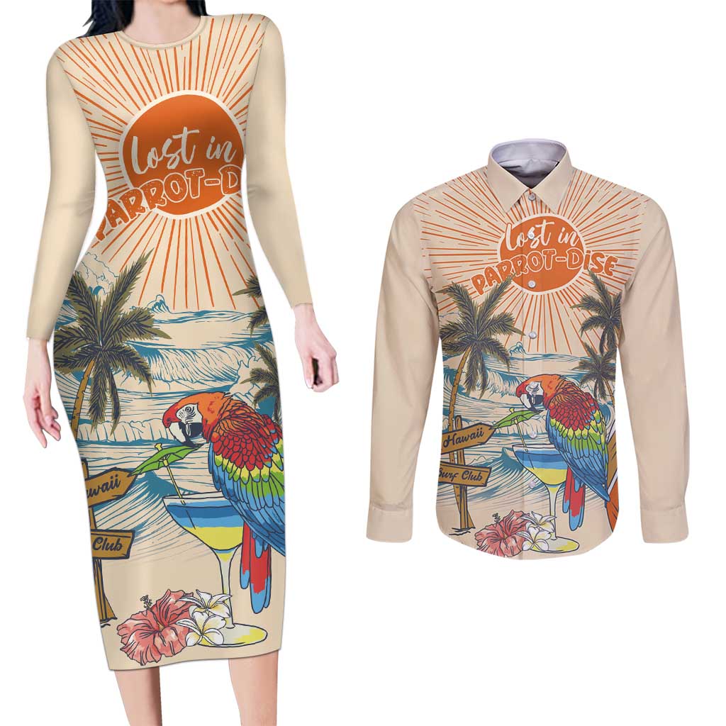 Personalized Christmas In July - Hawaii Retro Couples Matching Long Sleeve Bodycon Dress and Long Sleeve Button Shirt Lost In Parrot-dise