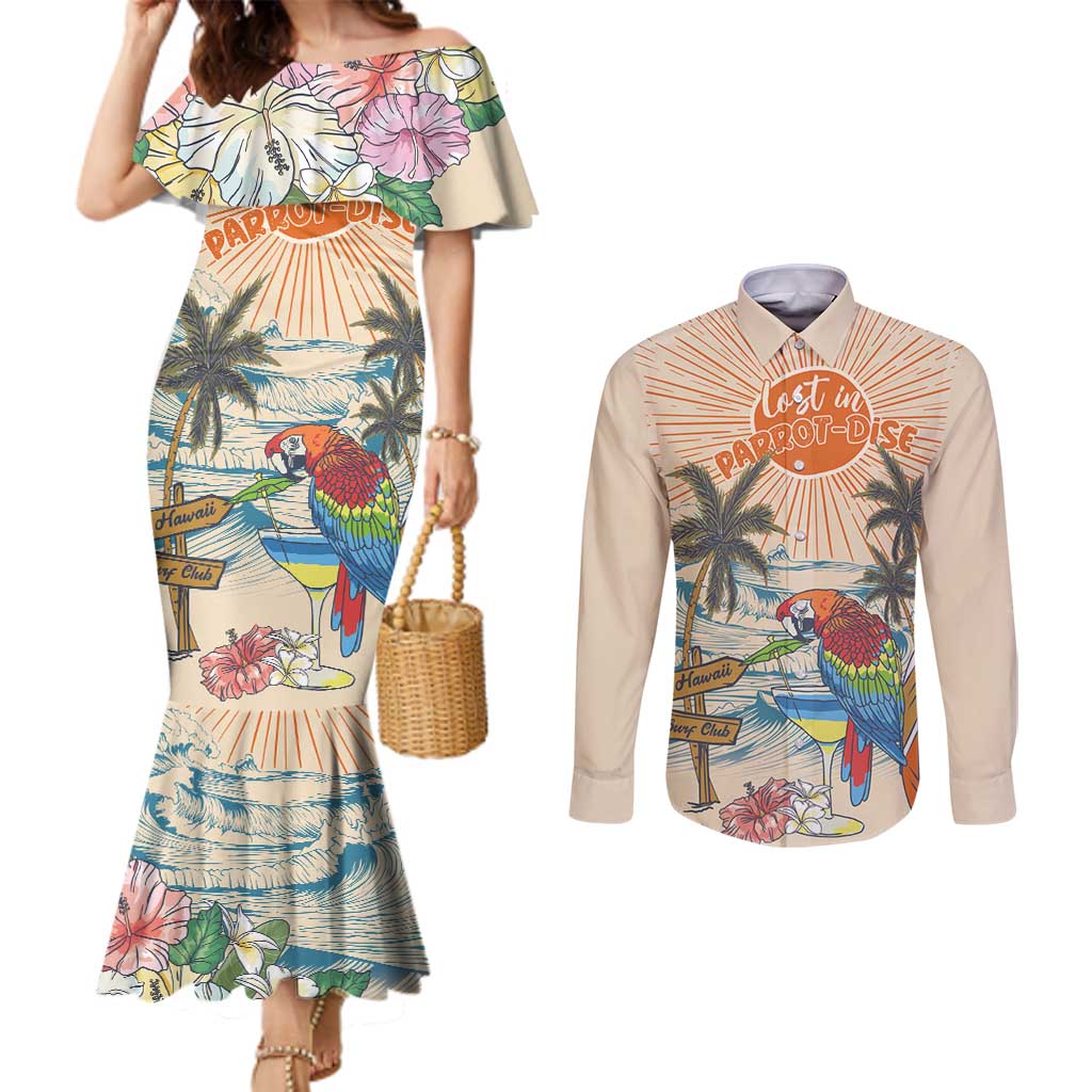 Personalized Christmas In July - Hawaii Retro Couples Matching Mermaid Dress and Long Sleeve Button Shirt Lost In Parrot-dise